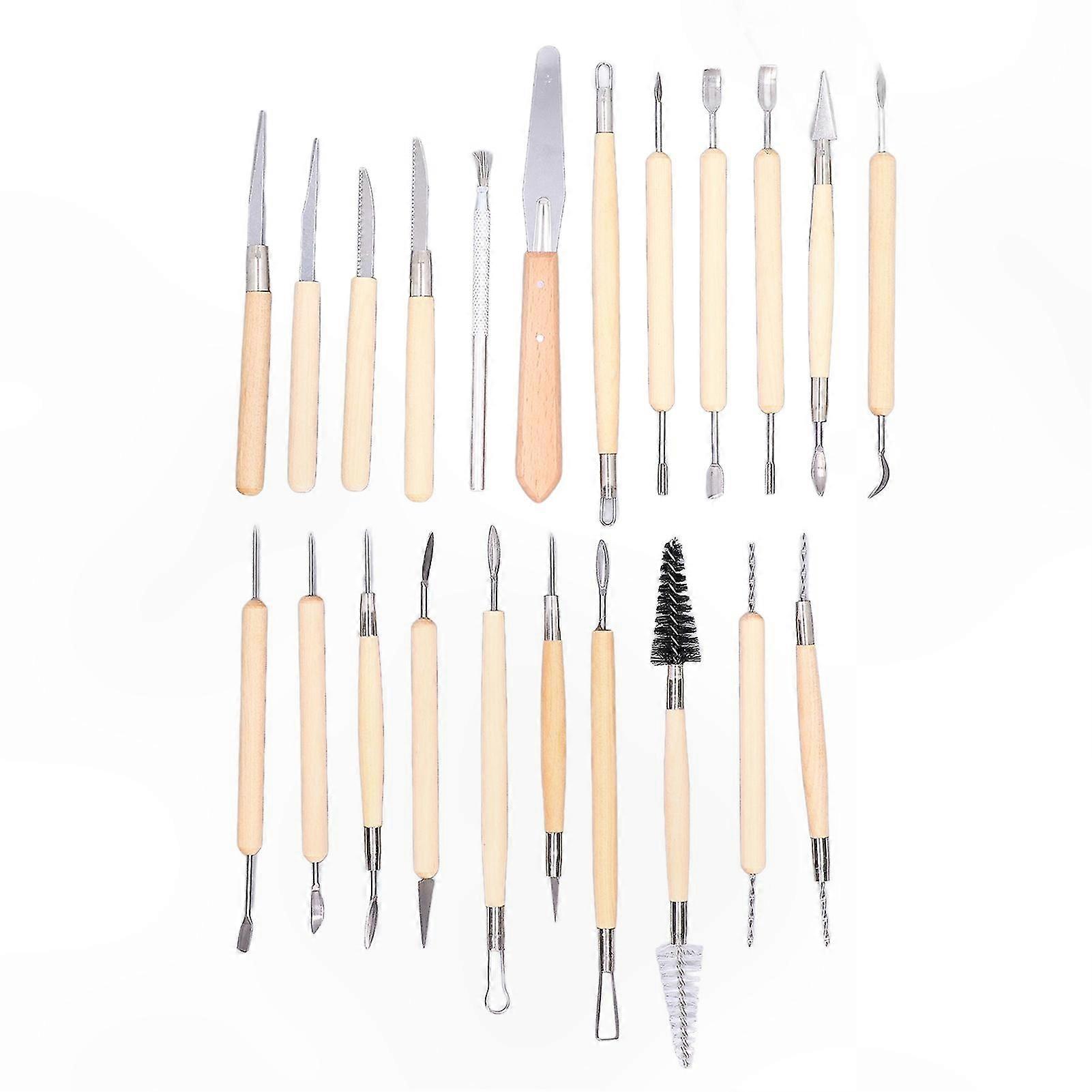 22-Piece Double-Ended Ceramic Sculpting Tool Set with Wooden Handles for Clay Crafting