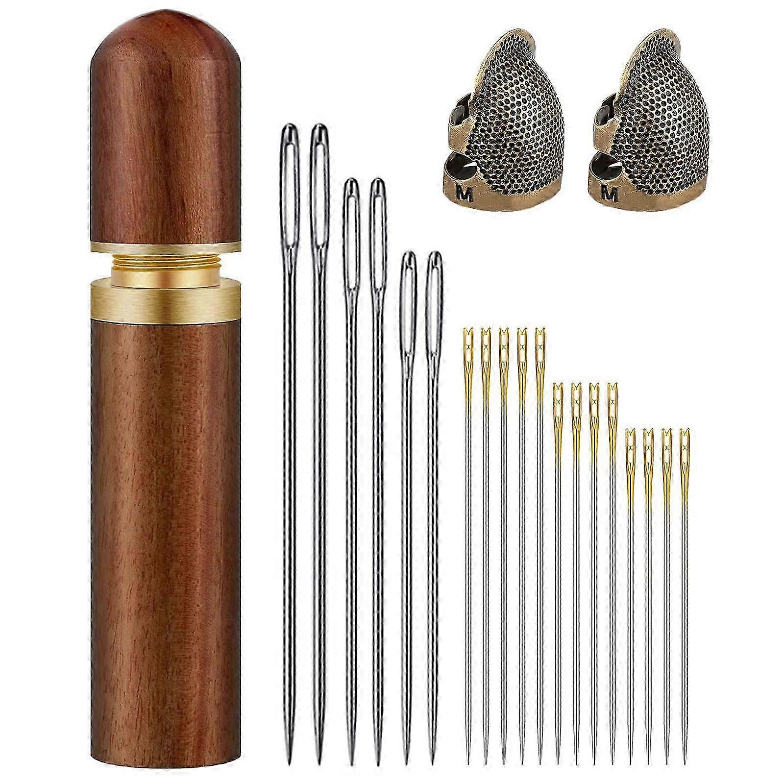 Wooden Needles Case for Storing Sewing Needles, with Sewing Thimble