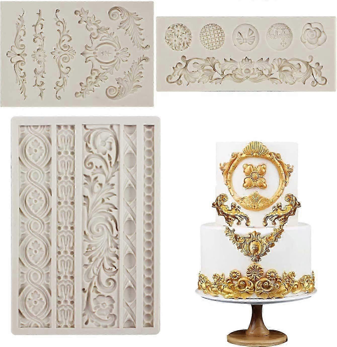 2025 3 Pieces Baroque Fondant Molds Scroll Border Lace Silicone Molds Curlicues Gum Paste Candy Chocolate Molds for Cake Decorating Sugar Craft Polyme