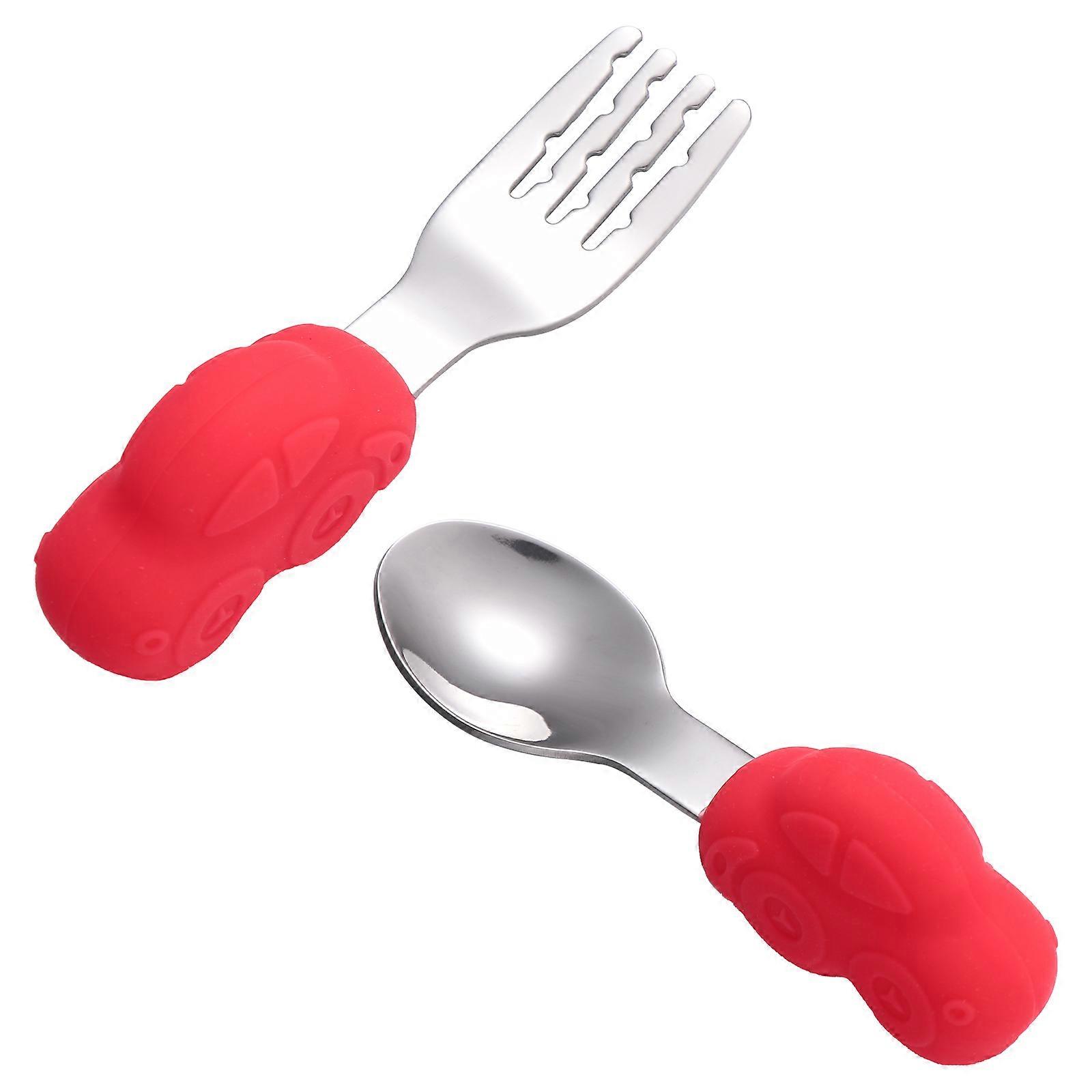 Baby Fork and Spoons Set with Silicone and Stainless Steel for Kids Use Red Small Size Fits Toddler's Grip