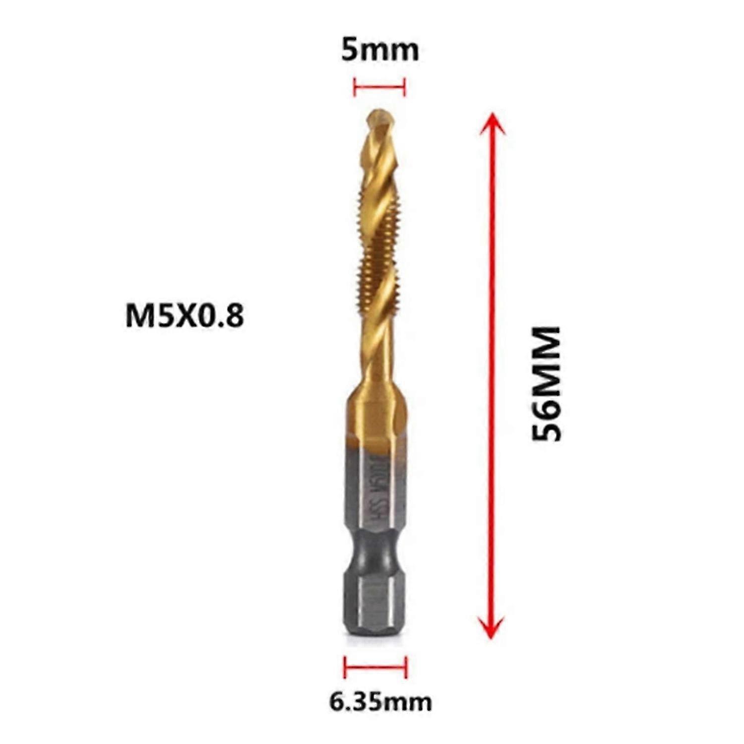 M5x0.8mm Hex Shank Titanium Plated HSS Screw Thread Metric Tap Drill Bits Screw Machine Compound Tap