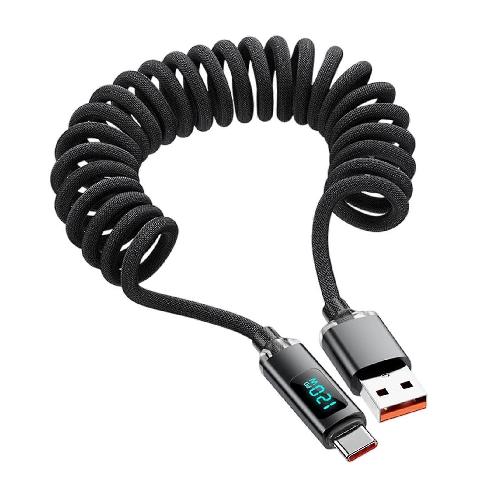 USB C Cable 120W Spring Charging Cable 3 Ft Fast Charger Cord with Digital Display for Car, Home, Gym, Tablet, and Watch