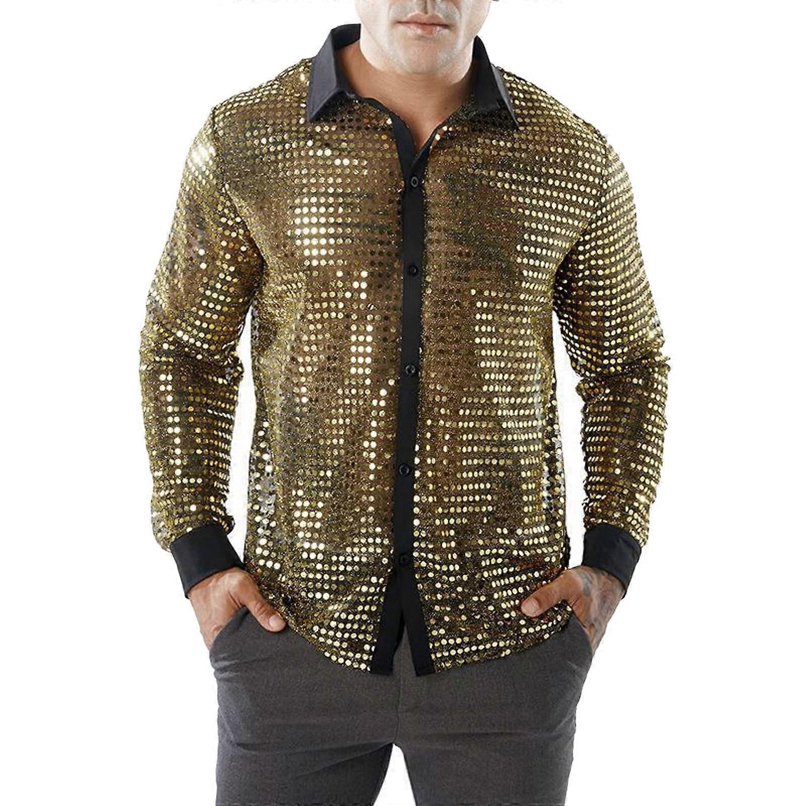 Men's Long Sleeve Sequin Dress Shirt Gold 70s Disco Style ButtonDown Regular Fit XXL