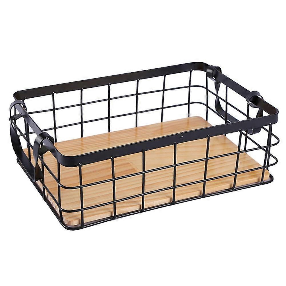 DoubleEar Rectangular Kitchen Storage Basket, Wrought Iron Frame, Solid Wood Bottom, With Handles, Fruit Basket