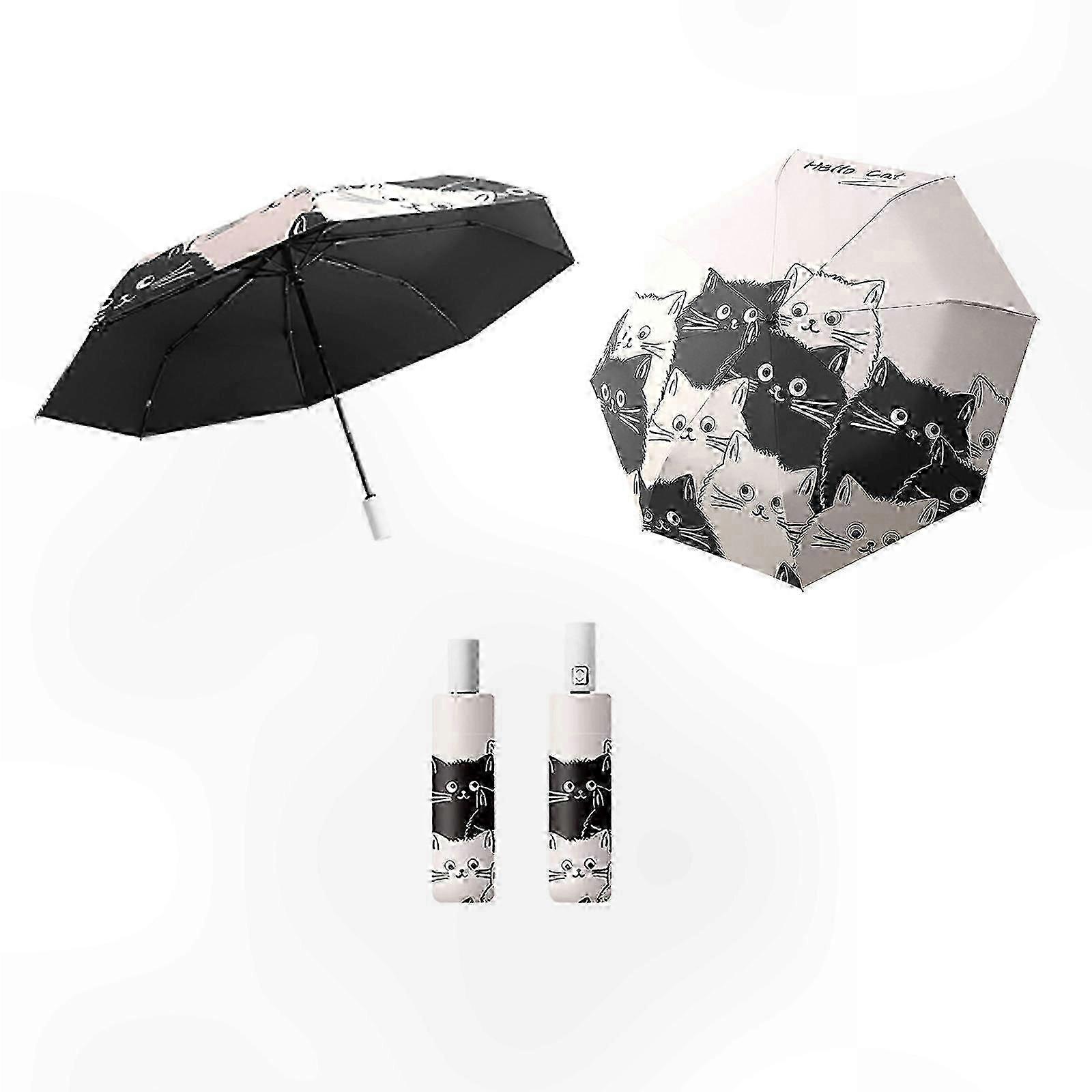Portable 3-Fold Umbrella with Cute Cat Pattern, UV Shield, 8-Rib Design for Travel and Outdoor Activities
