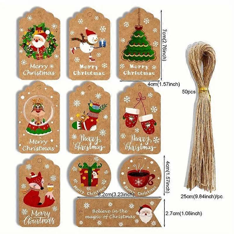 50-Piece Christmas Gift Tags Set with String, Hand-Drawn Santa & Fox Design, Paper Holiday Labels for Party Decoration