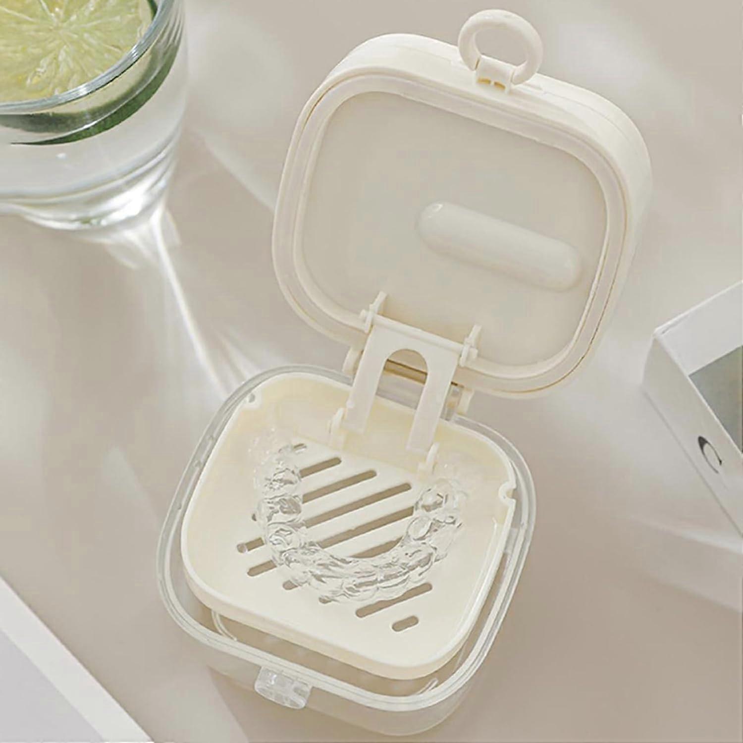 Denture Containers for Soaking With Lid, Denture Cup With Mirror Cover, Cleaning Box Set for Travel Retainer, White
