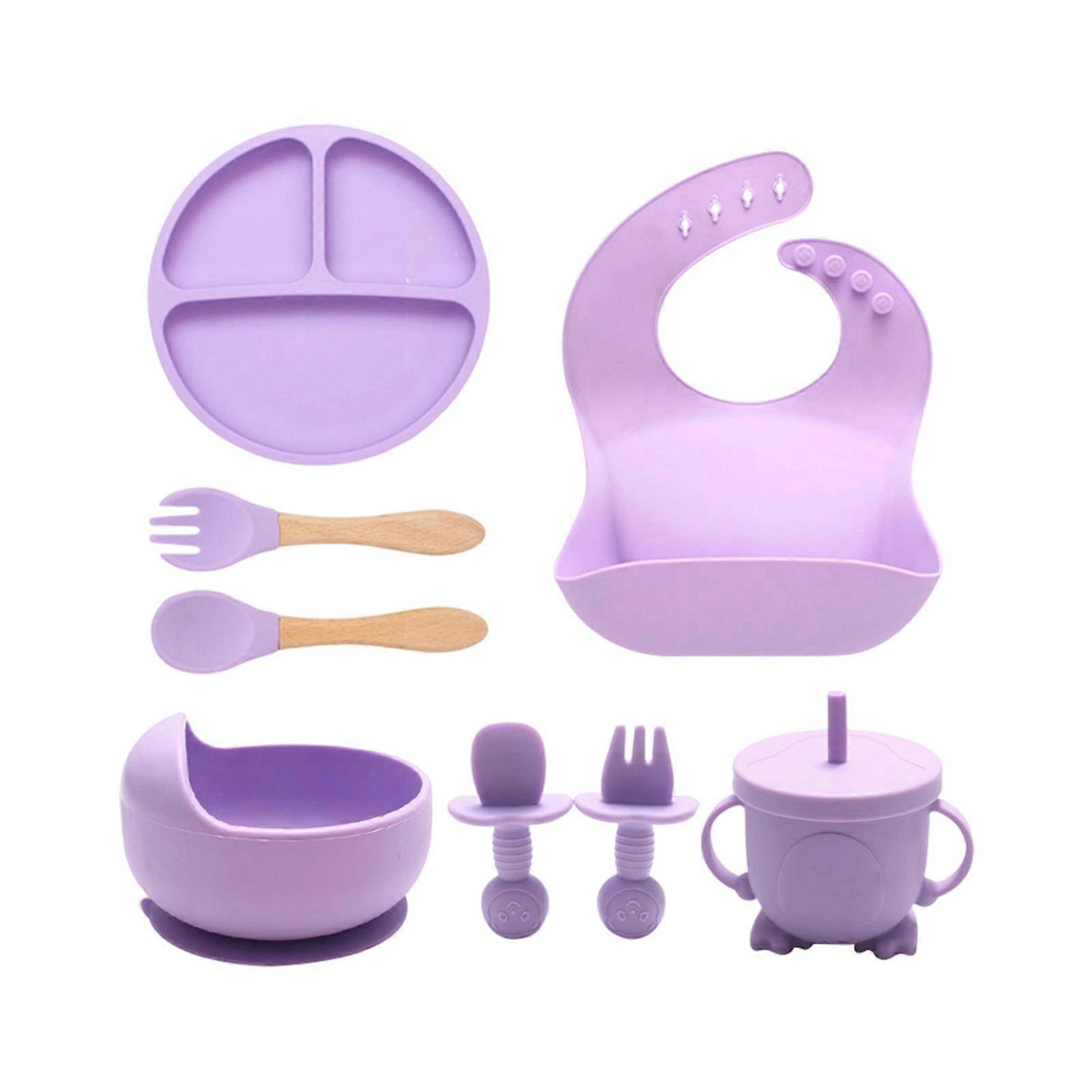 8Pcs Soft Edges Silicone Infant Tableware Set Durable Drop Resistant Design Easy To Clean Baby Feeding Eating Utensils  Purple