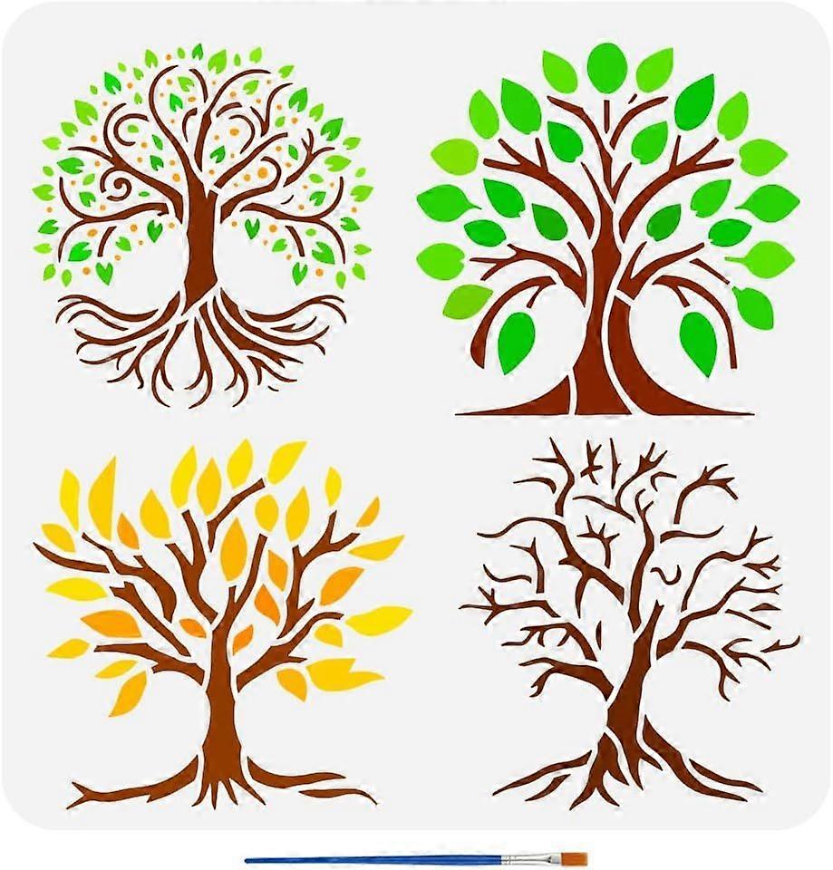 Tree of Life Stencil with a Paint Brush 11.8x11.8Inch 4 Style Tree Pattern Painting Stencils Lush Tree Drawing Template PET Tree Leaves Stencil Plant 
