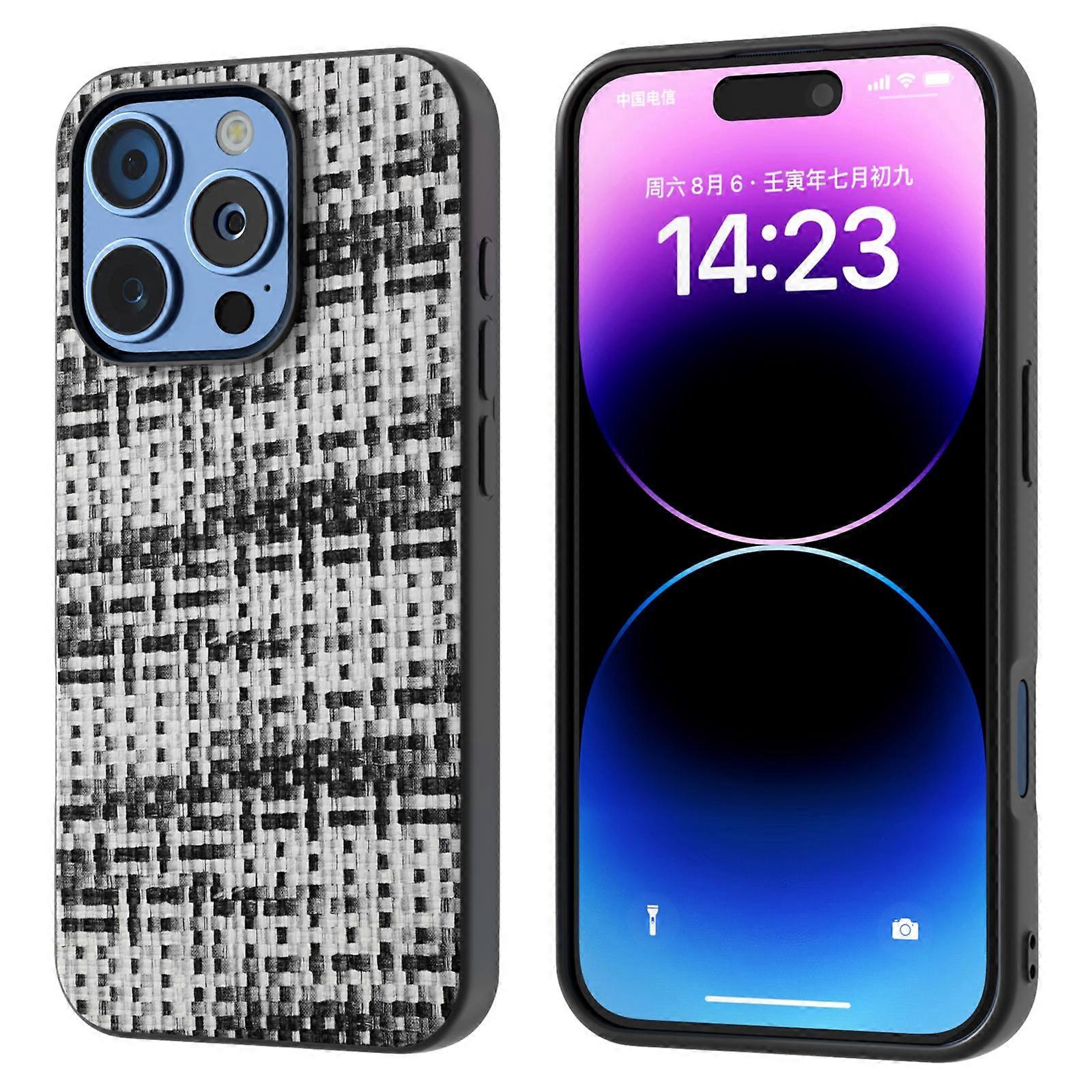 For iPhone 16 Pro Max Case Leather+PC+TPU Phone Cover Plaid Texture