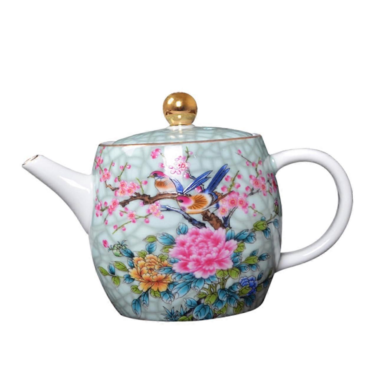 Ceramic Teapot with Flower and Bird Pattern,  Temperature Resistant Porcelain Tea Kettle