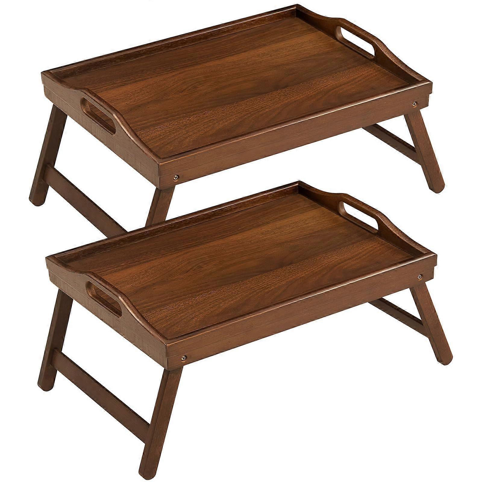 2 Pack Foldable Bamboo Bed Tray Table with Handles for Breakfast Serving or Laptop, Walnut