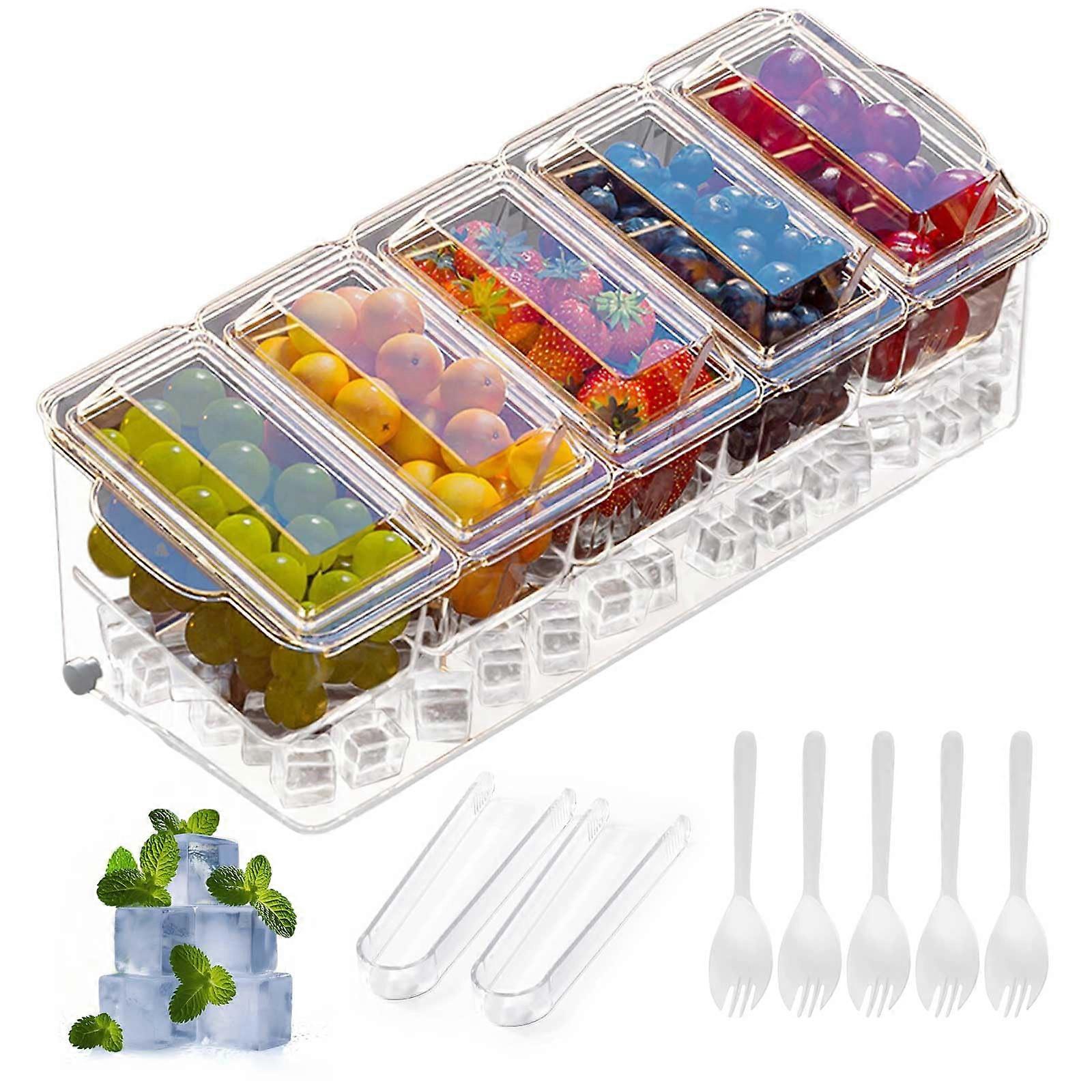 Fruit Serving Tray with BuiltIn Ice Chamber, 5 Compartment Chilled Condiment Server for Parties