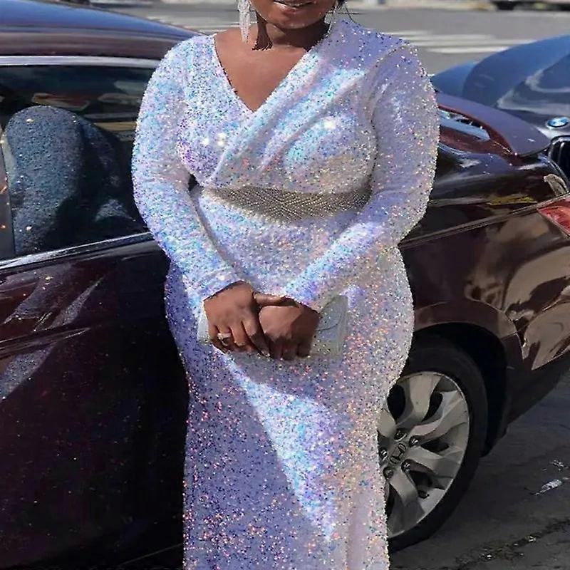 Large Size White Sequin Long Evening Dress S-4xl African Formal Wedding Party