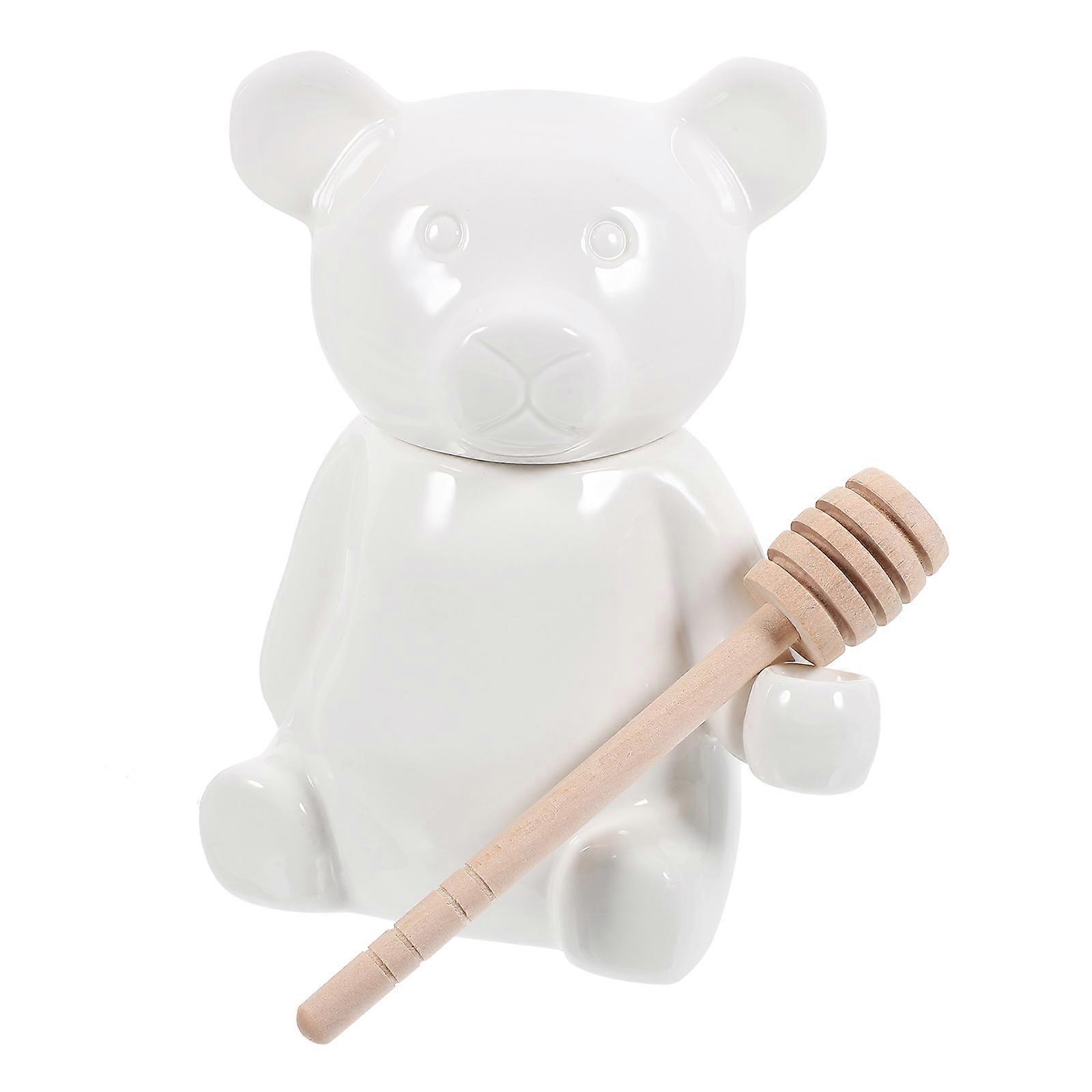Bear Shape Ceramic Honey Jar with Wood Dipper for Kitchen Storage 1Set