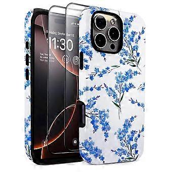 Blue Floral Case for iPhone 16 Pro Max with 2 Pack Screen Protectors, Slim Hybrid Shockproof Cover for Women