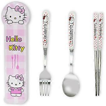 Kawaii Kitty draagbare roestvrijstalen bestekset, 3-pack herbruikbare reisbenodigdheden serviesset met koffer, campingbestekset, eetstokjes vork Spo