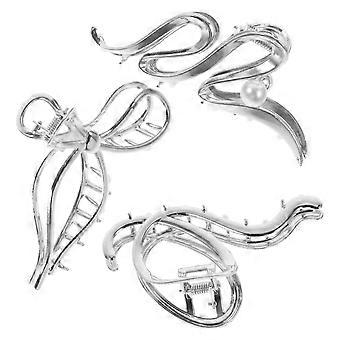 3pcs Large Silver Metal Hair Claw Clips for Women, Strong Grip for Thick Hair and Daily Use