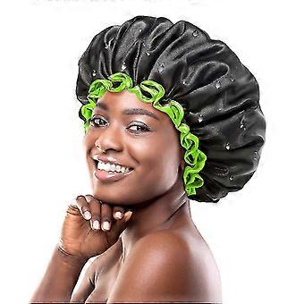 Large Reusable Waterproof Shower Cap with Green Edge, Black Double Layer Washable Odorless Shower Cap