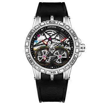Men's Skeleton Watch Double Flywheel Rotating Bezel Black Strap Luxury