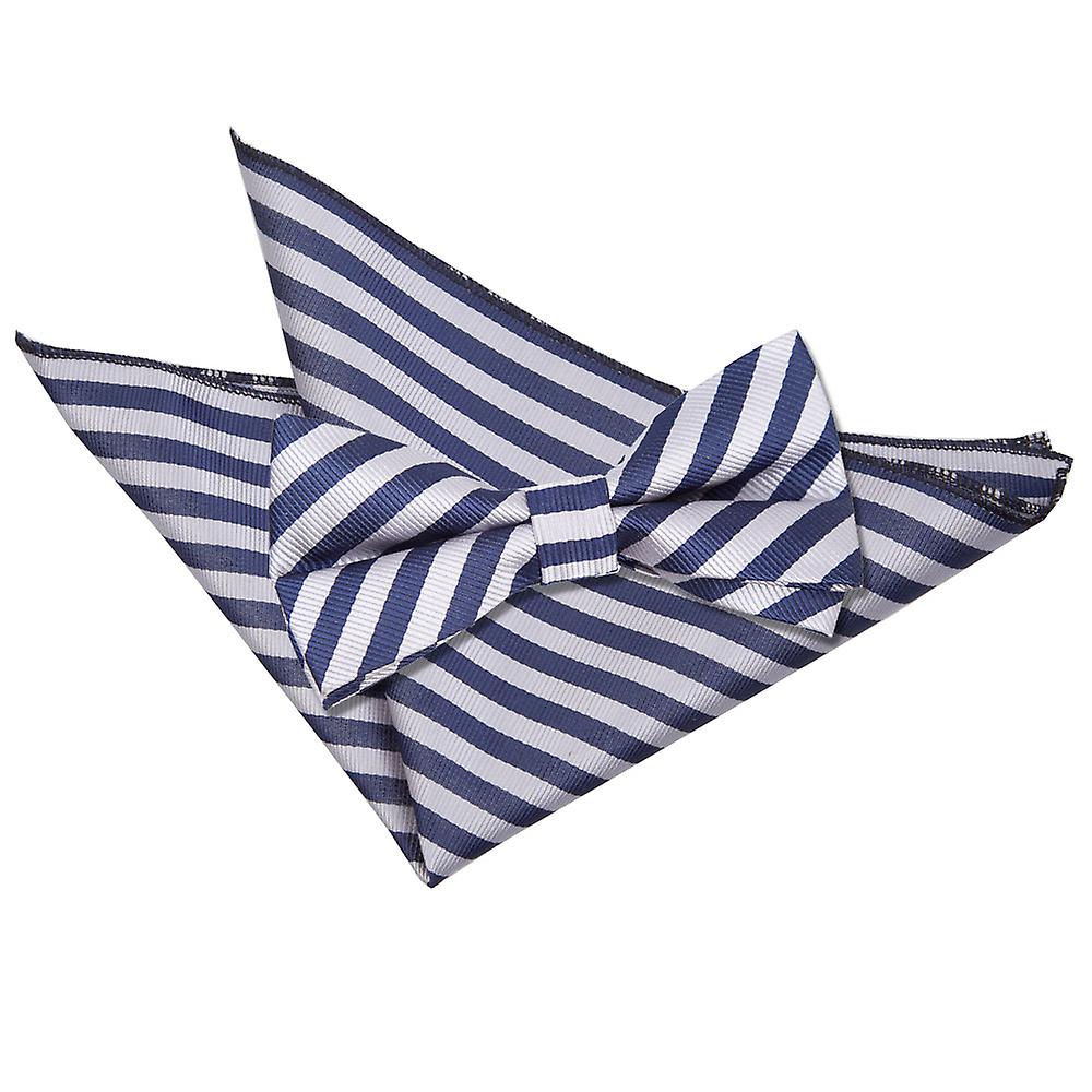 Navy Blue and Silver Thin Stripe Bow Tie and Pocket Square Set