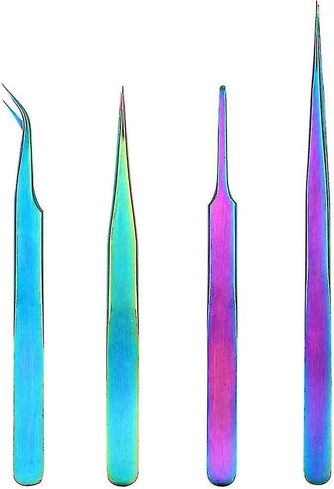 4pcs Rainbow Stainless Steel Tweezers Kit Anti static Precision Tweezers Set For Eyelash Extension F
