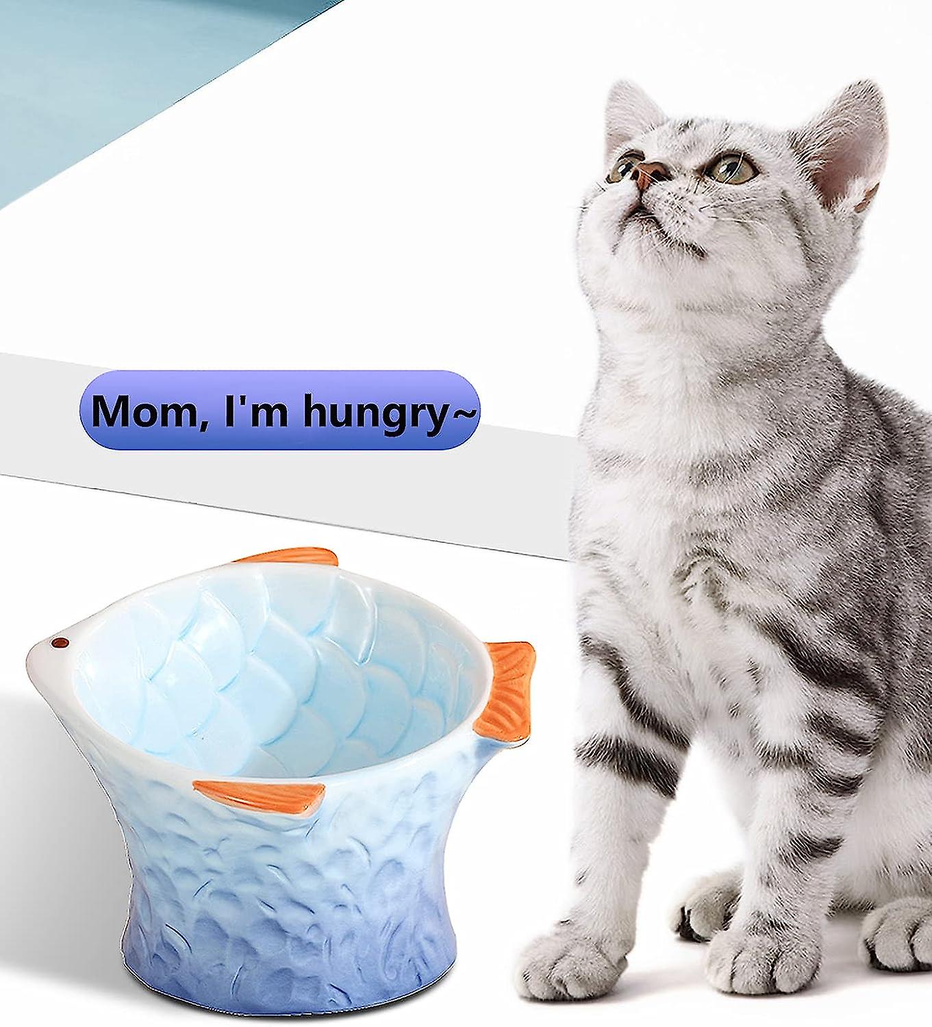 Raised Tilted Ceramic Cat Bowl - Cute Elevated Slanted Shallow Angled Cat Dish