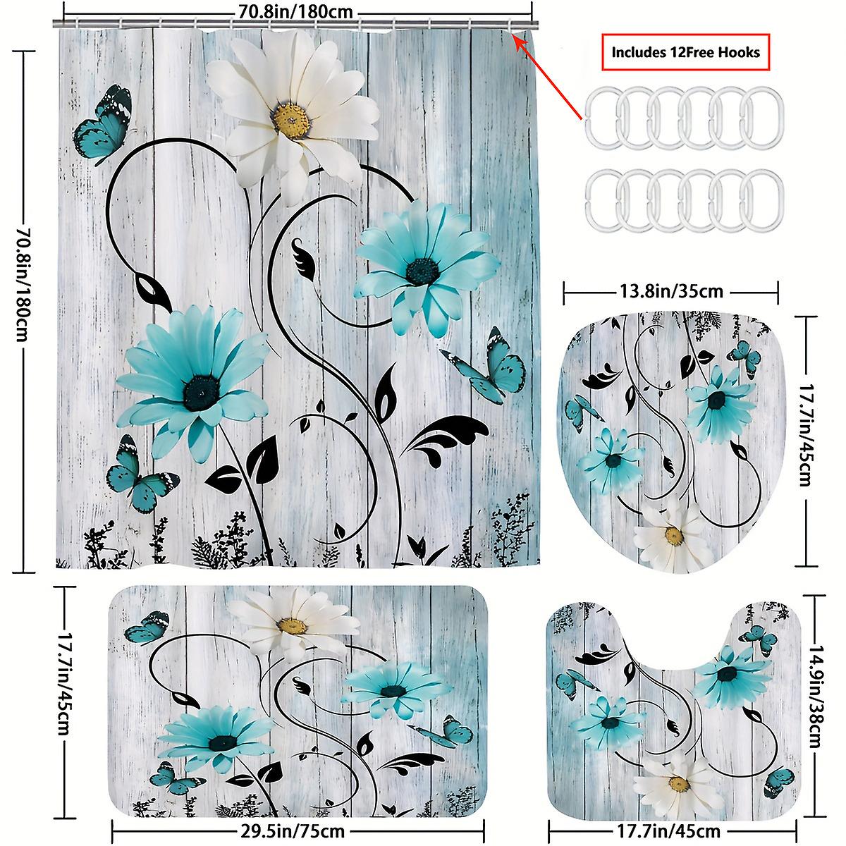 1pc/4pcs Non-slip Bathroom Rugs And Shower Curtain Set With Flower And Butterfly Pattern And 12 Hooks - U Shaped Toilet Mat And Toilet Cover - Home De