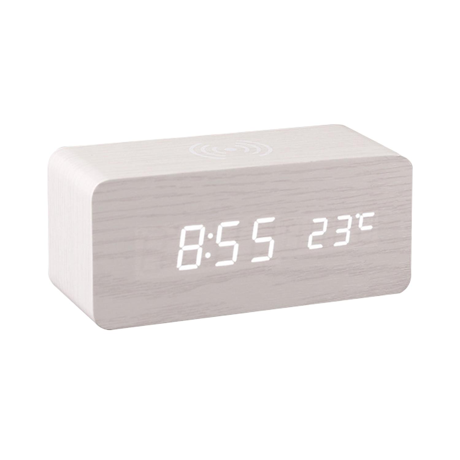 Digital Wooden Alarm Clock Electronic LED Time Display for Bedroom 10W Wireless Charging 3 Alarm Set