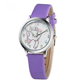 SUJI Cute Cat Cartoon Mosaic Watch Child Leather Watches Cat Pattern Watch Women Wristwatches Clock Feminino Girl Watches(Purple)