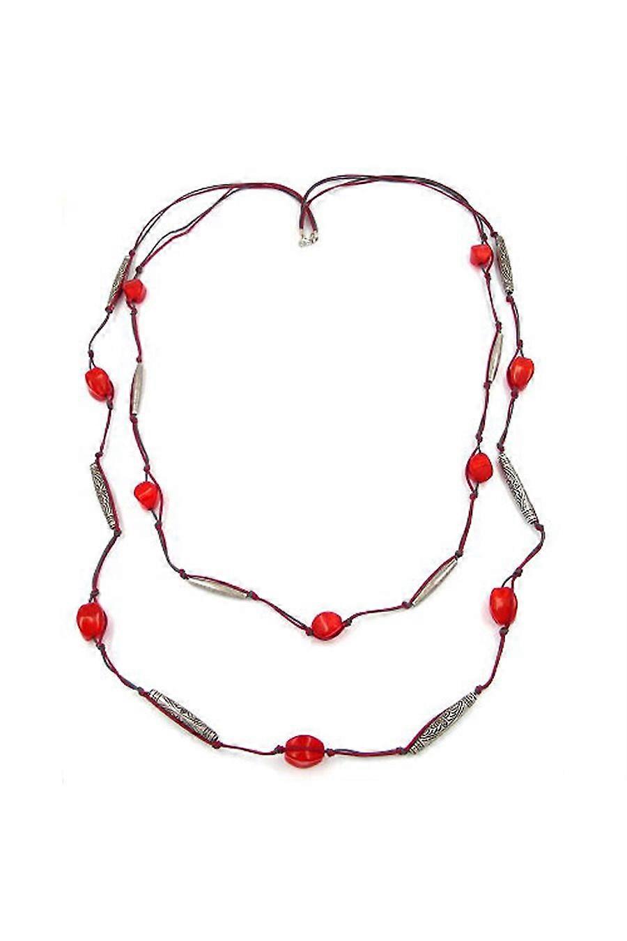 Necklace 2 Rows Red-grey Silver-tone 105cm - Gl02124