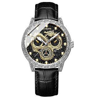 BINBOND B3030 Orologio Nero Pelle-Bianco Acciaio-Nero