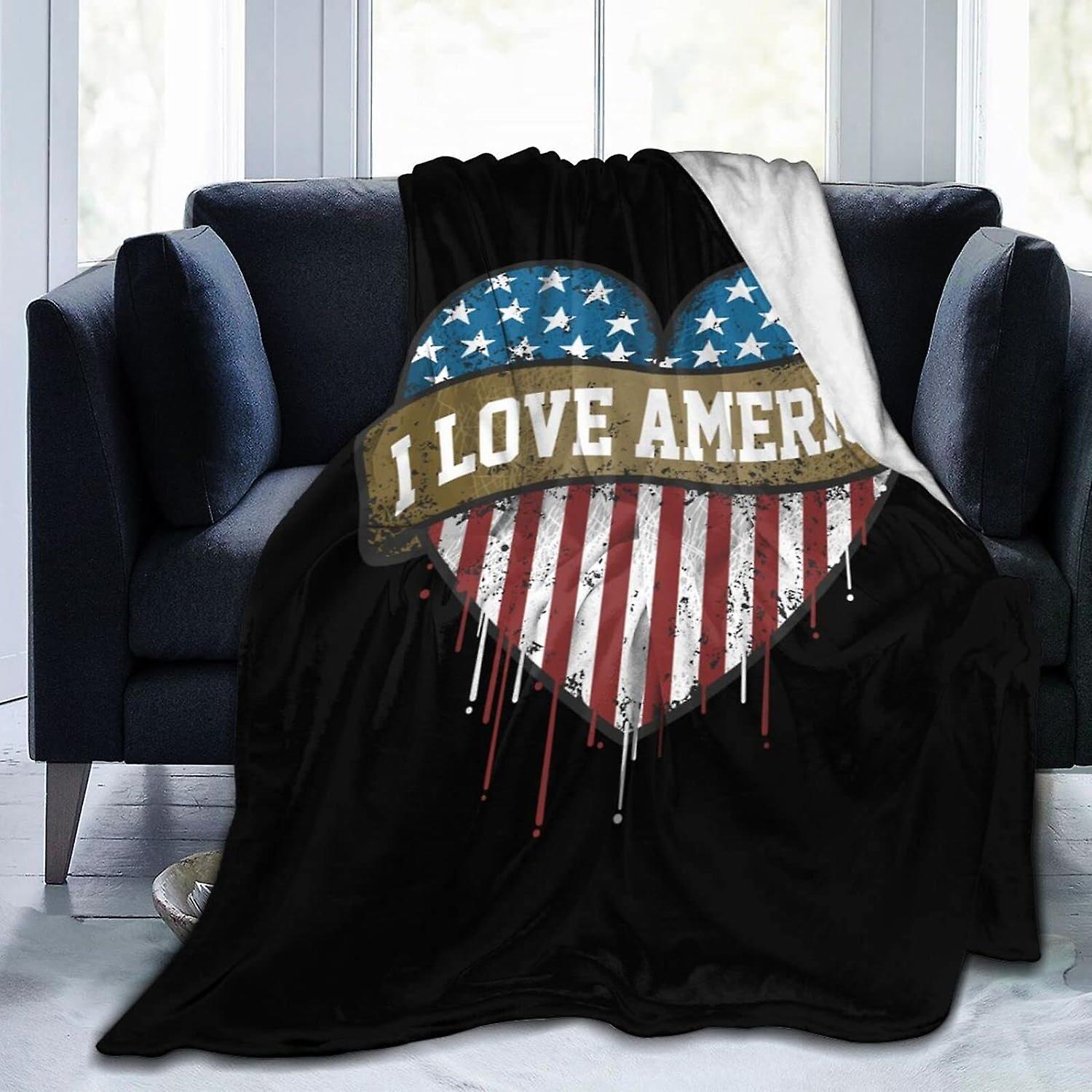 Printed Flannel Blanket Heart-Shaped I Love America Blanket Soft Throws Blanket Comfortable and Warm for Bed Sofa Couch Throw