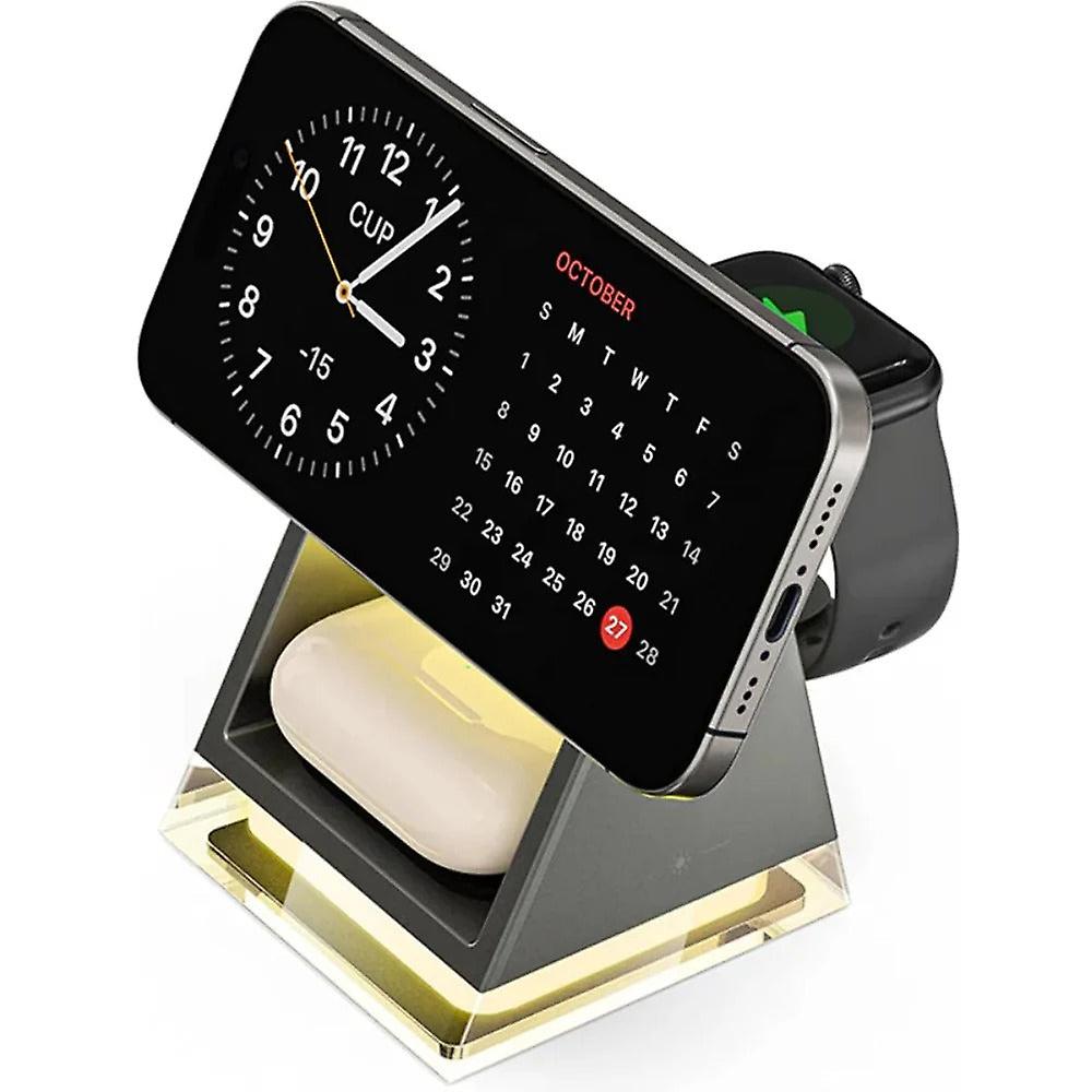 3-In-1 Magnetic Wireless Charger Stand With Led Light For Iphone, Apple Watch, And Airpods
