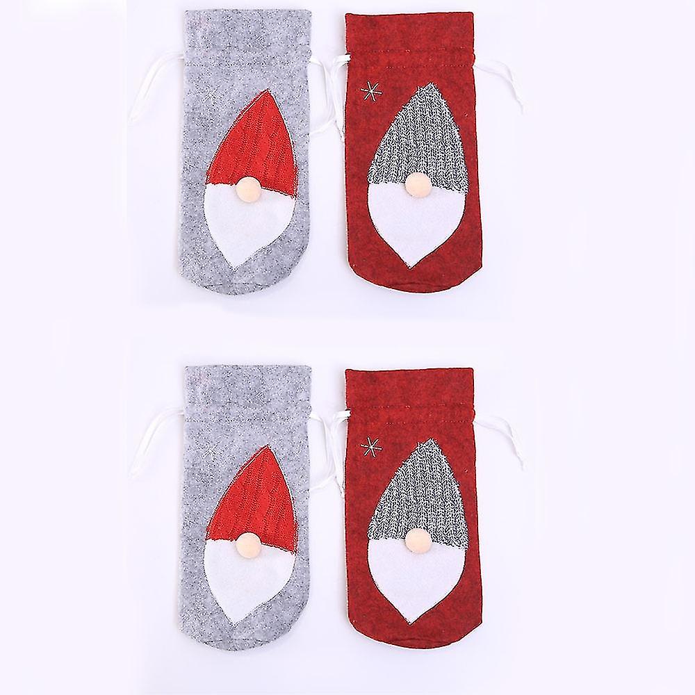 4 Pack Christmas Gnomes Wine Bottle Covers with Drawstrings, Vintage Plaid Checked Bottle Bags for D