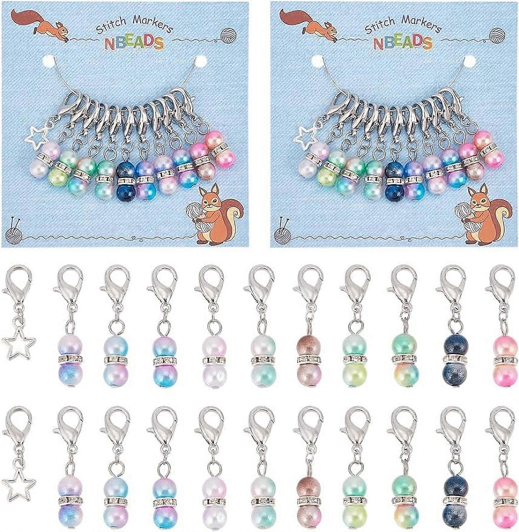 2Set 11Pcs Rainbow ABS Plastic Imitation Pearl Beaded Crochet Lobster Clasp Charms Locking Stitch Marker with Iron Rhinestone Beads Round & Star Mixed