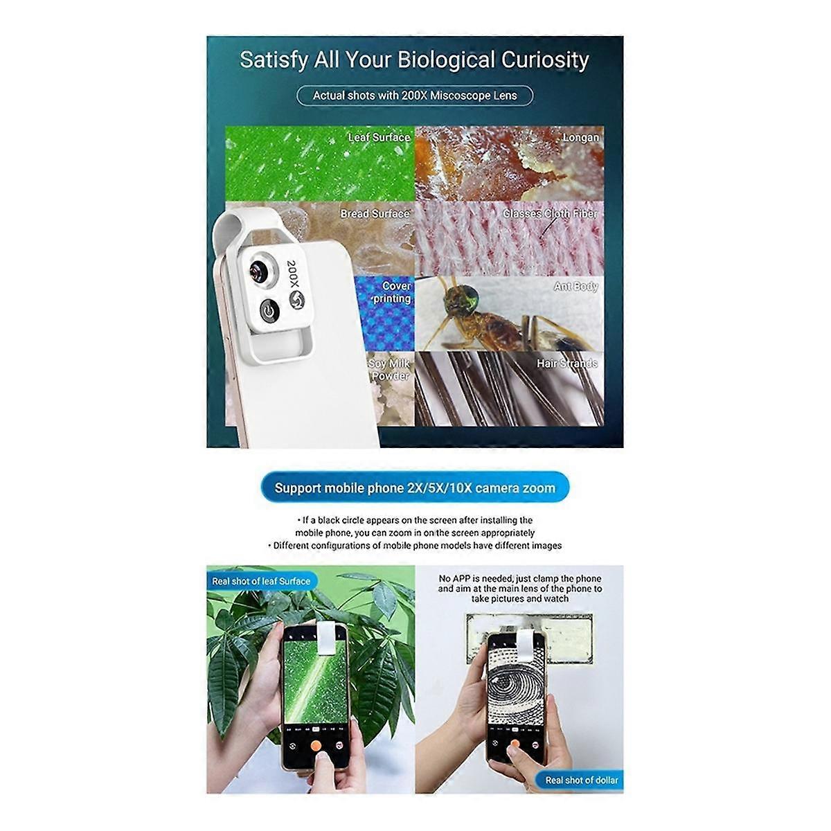 200X Magnification Microscope Lens with CPL Mobile LED Light Micro-Pocket Macro Lens for Ios Android All Smartphones B