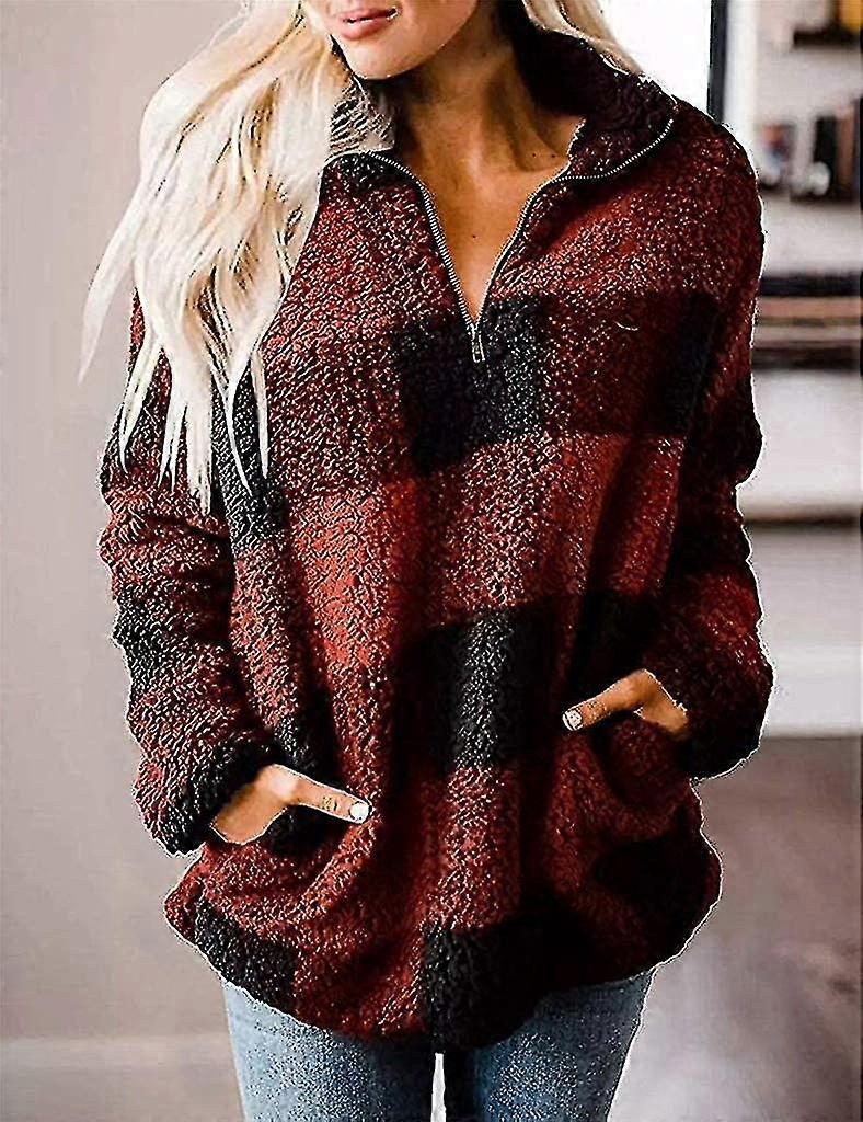 Plaid High Neck Pullover Casual Plush Sweater Coat