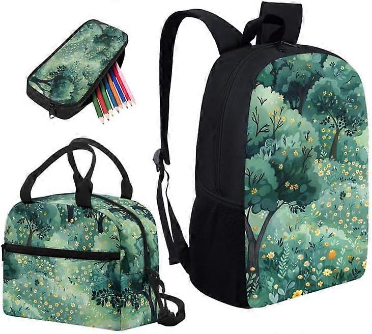 Dark Green Forest Floral Print Schoolbag Cartoon Forests Tree 3 Piece Set Schoolbag/Crossbody Lunch Bag/Pencil Bag Students School Bag Packs Satchel f