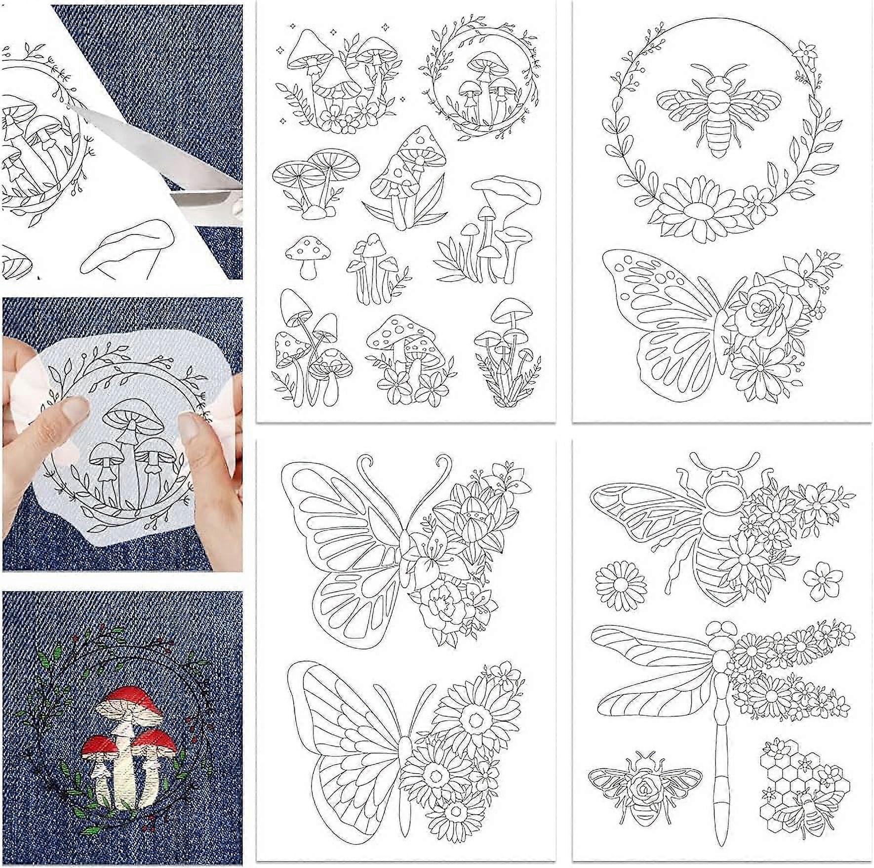 4 Sheets Butterfly Bee Mushroom Water Soluble Stabilizer Hand Sewing Stabilizers with Pre Printed Stick and Stitch