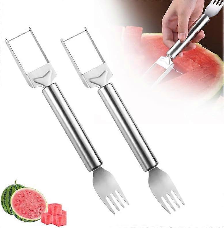Upgraded 2-in-1 Stainless Steel Fruit Cutter, 2024 New Watermelon Fork Slicer Cutter Slicer Tool, Dual Head Fruit Forks Slicer Knife with Round Handle
