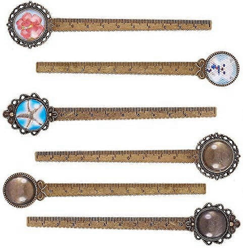 12PCS DIY 6 Sets Ruler Bookmark Pendant Tray Kit Round Bookmark Cabochon Setting Blanks with Clear Domed Glass Cabochon for DIY Alloy Bookmark Making