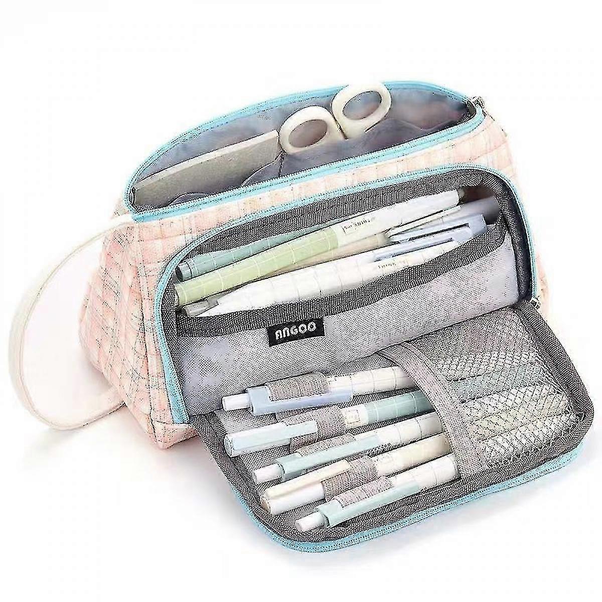 Simple Pink Color Checks Canvas Multi-layer Large Capacity Stationery Pencil Case