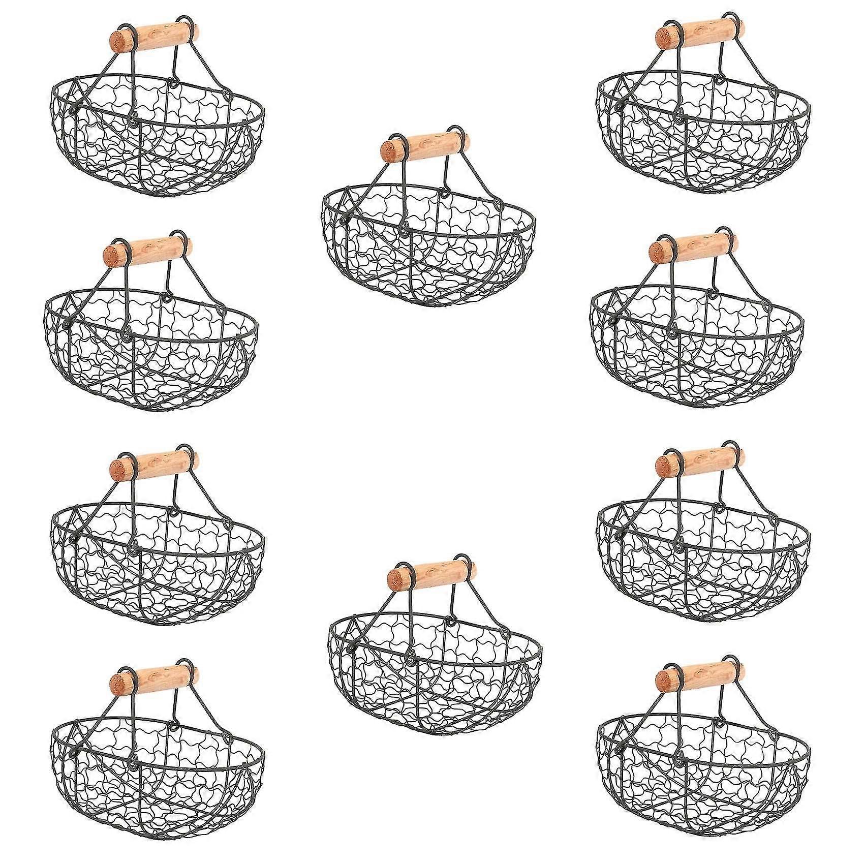10x Wooden Handle Metal Retro Basket Portable Multi-function Vegetable Fruit Egg Groceries Practica