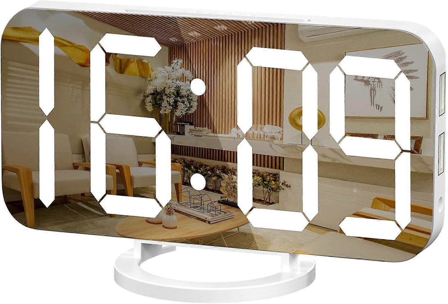 Digital Alarm Clock, Large Mirrored LED Display, Snooze Function Dim Mode, Wall Mounted Bedroom Desk Clock (White)