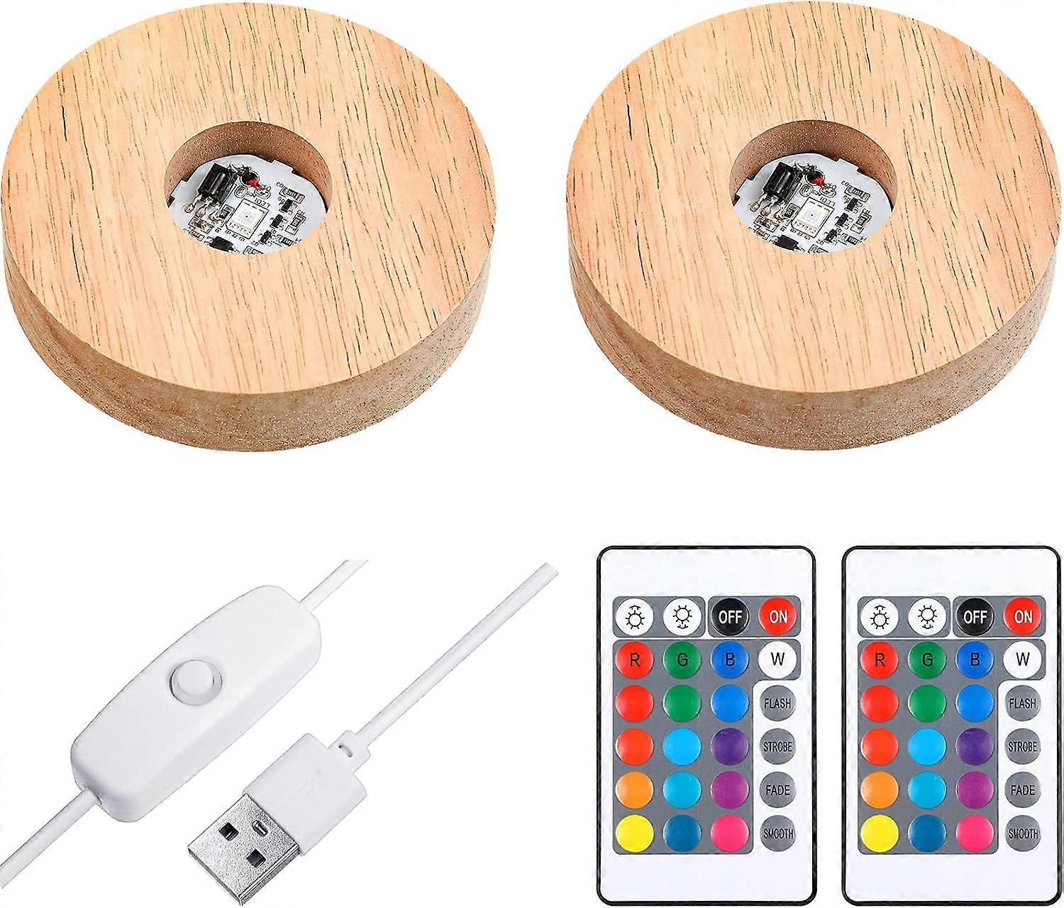 2 Pieces LED Light Base Display Base Lighted Display Stand,16 Colored USB Light Table Light Base Wood Round Crystal Light Art Table Centerpiece with