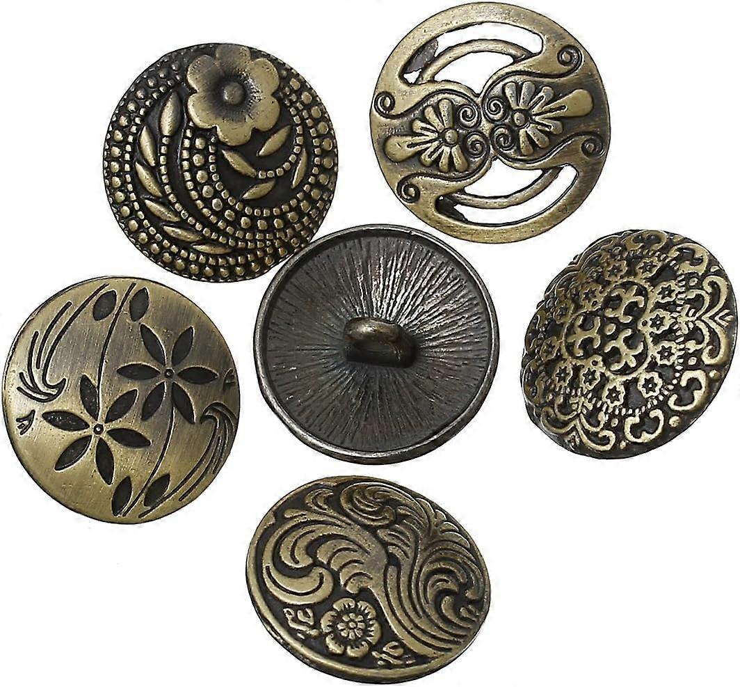 30 Pack Shank Button, Assorted Design, Carved Bronze Tone Metal, Mixed Antique and Vintage Look Flowers and Wave Patterns, 17mm Diameter, Decorative B