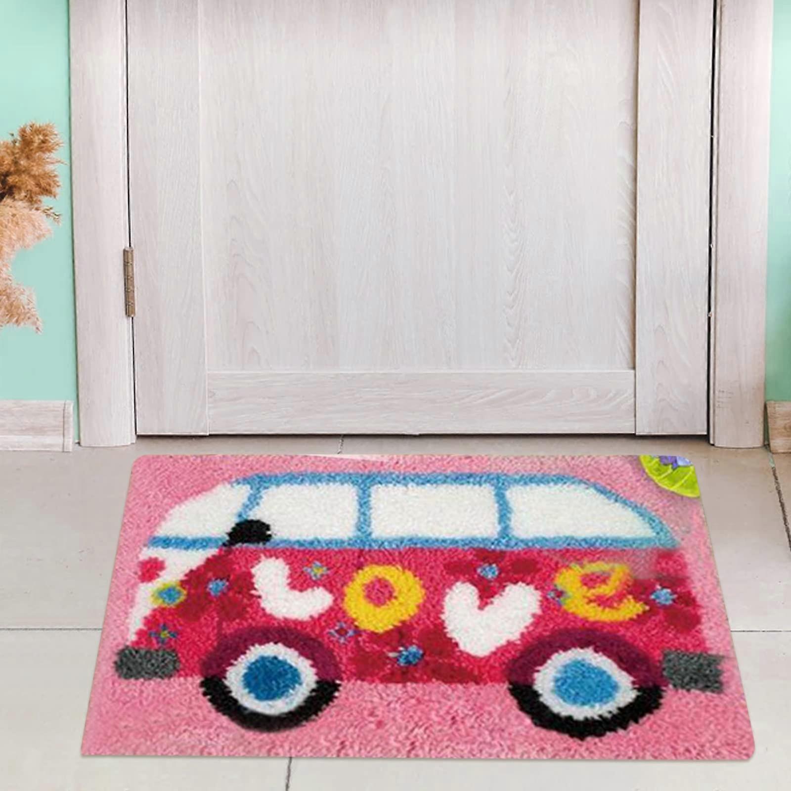 Latch Hook Kit, Latch Hook Rug Kits, DIY Crochet Rug Making Kit for Adults, Bus Pattern 3D Cross Stitch Carpet Embroidery Needlework Crocheting for Ki