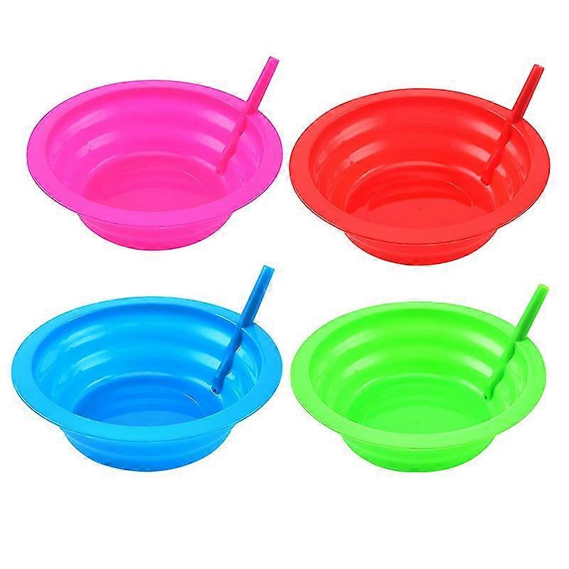Kids Plastic Soup or Cereal Bowl Set of 4 with Built-in Straw