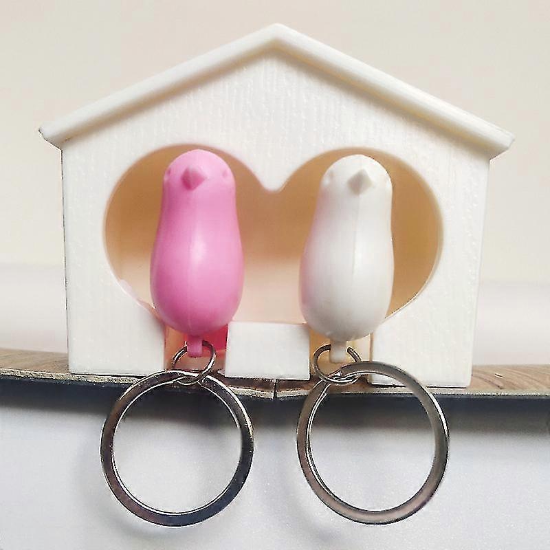 Key Tray, Drum Key Ring Rack With Two Sparrows Design White / Pink
